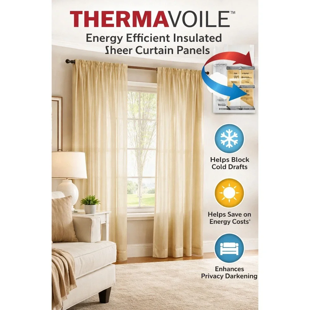 Set of 2 Rhapsody Lined Insulated Sheer Rod Pocket Curtain Panel 54x63 Ivory‎